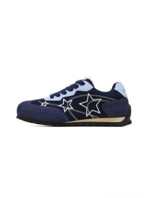 Navy blue star embroidered retro low-top sneakers side profile with light blue panels and vintage rubber sole