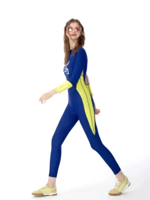 Royal blue and neon yellow full coverage swim jumpsuit shown from a three quarter side view with long sleeves, ankle length leggings, pineapple graphic, and sporty streetwear styling