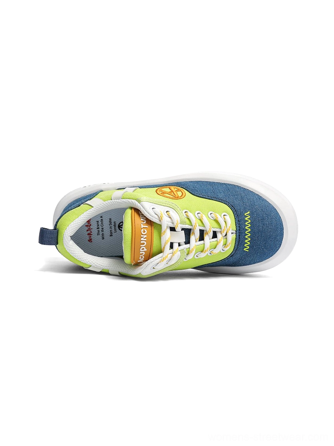 Neon colorblock canvas platform sneaker detail view for colorful Y2K streetwear styling