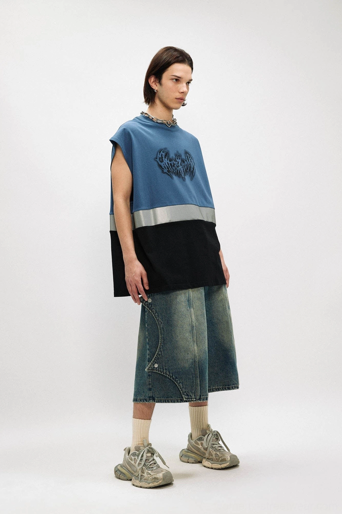 Neon colorblock gothic graphic oversized tank top product image with reflective streetwear detailing
