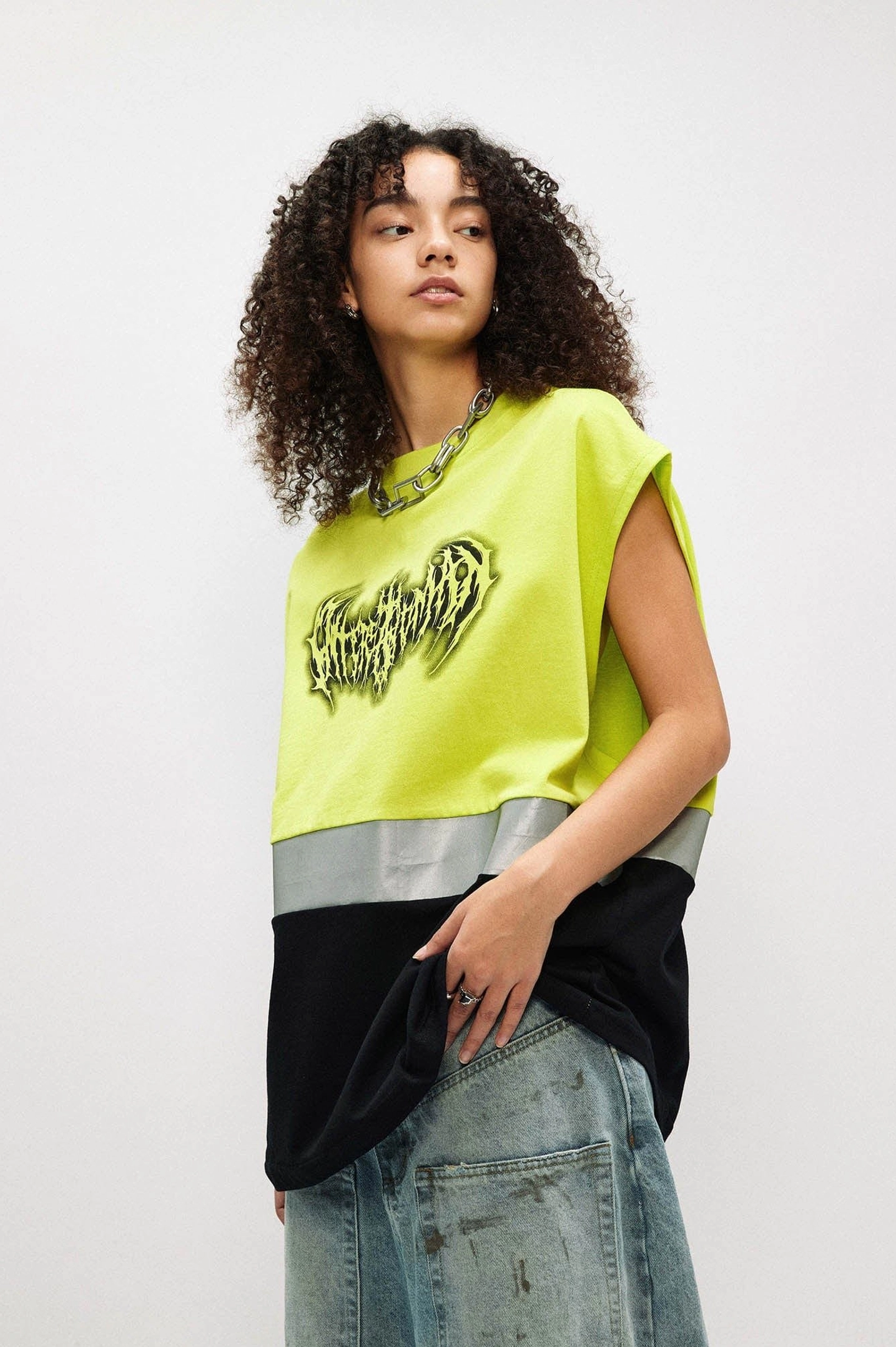 Oversized neon colorblock sleeveless tank top with gothic graphic styling for Korean streetwear outfits