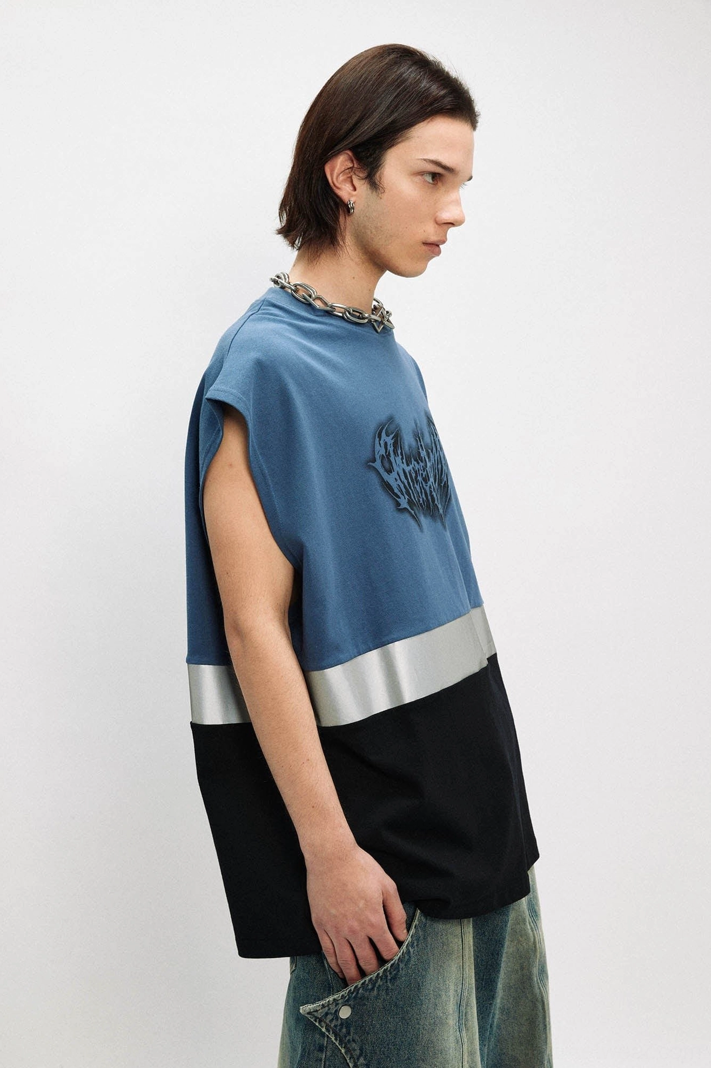 Reflective neon panel gothic tank top with relaxed oversized silhouette for Y2K streetwear styling