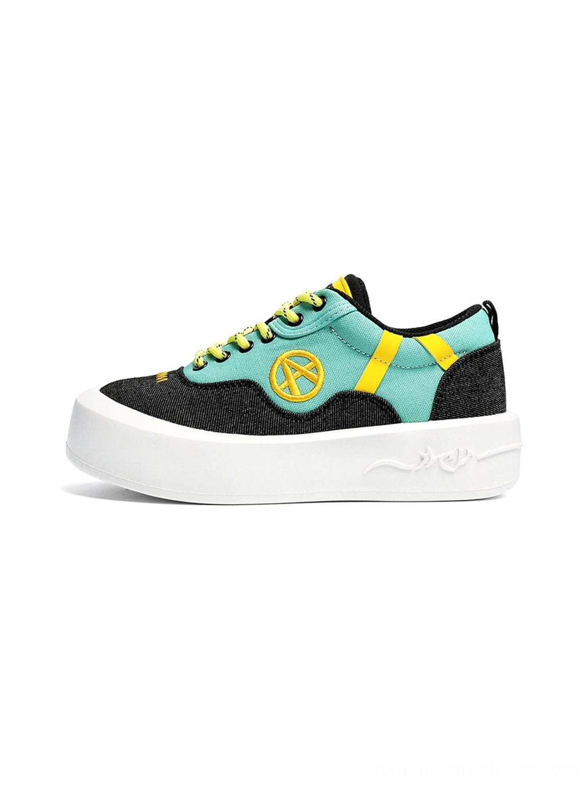 Neon colorblock low-top sneakers with bold streetwear attitude and contrasting white platform outsole