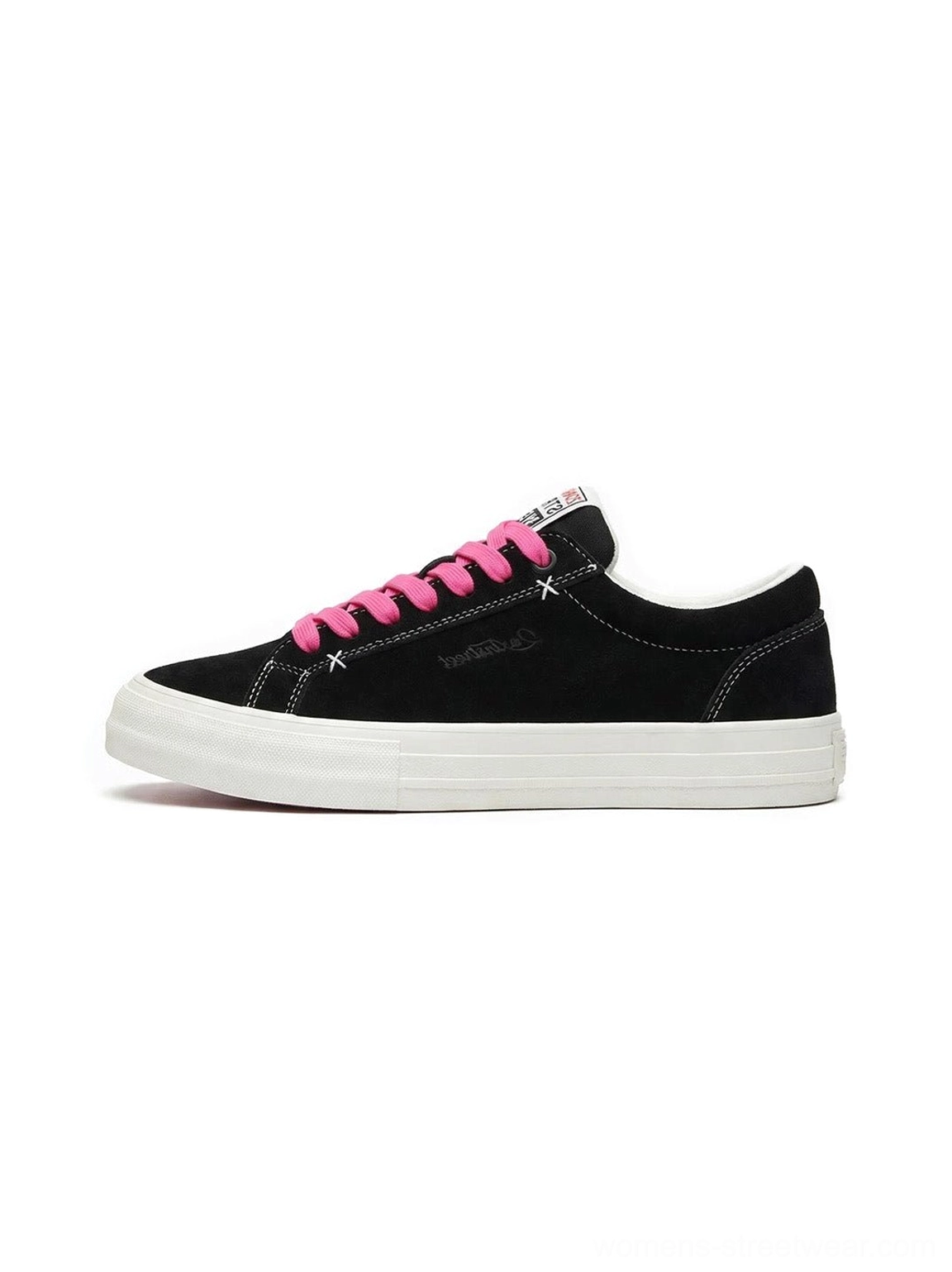 Black suede platform canvas sneakers with bright neon pink laces, white thick rubber outsole, low-top streetwear silhouette, and clean side profile