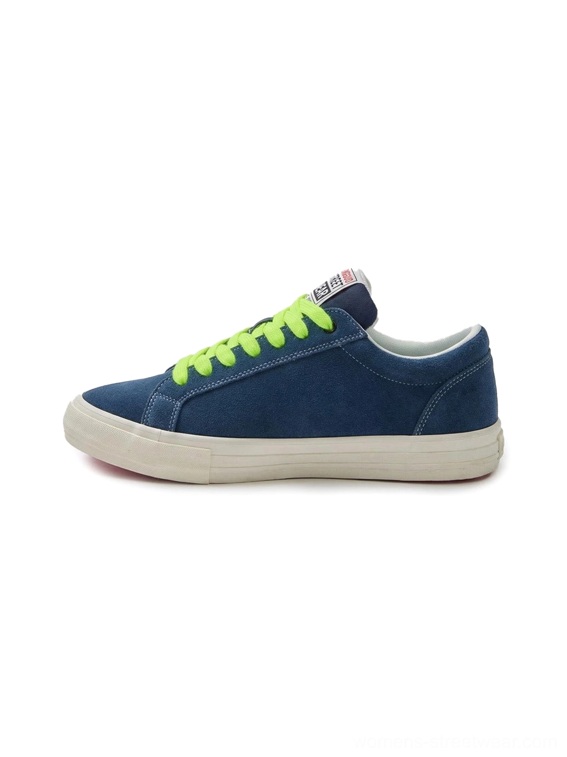 Black and blue neon lace suede platform canvas sneakers showing colorful streetwear styling, rounded toes, and chunky rubber soles