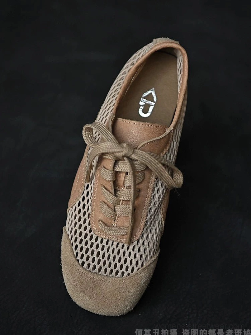 Neutral beige mesh and suede low-top sneakers designed for wide-leg jeans, cargo trousers, skirts, and relaxed everyday outfits