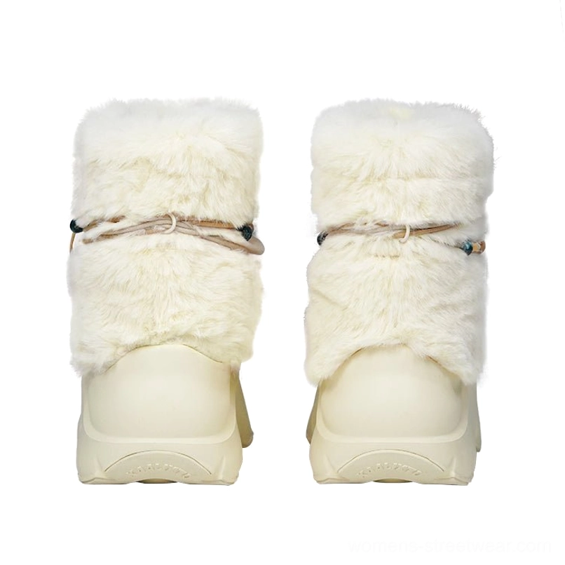 Pair of neutral faux fur beaded platform boots designed for cozy Y2K, Acubi, and Korean-inspired winter fashion