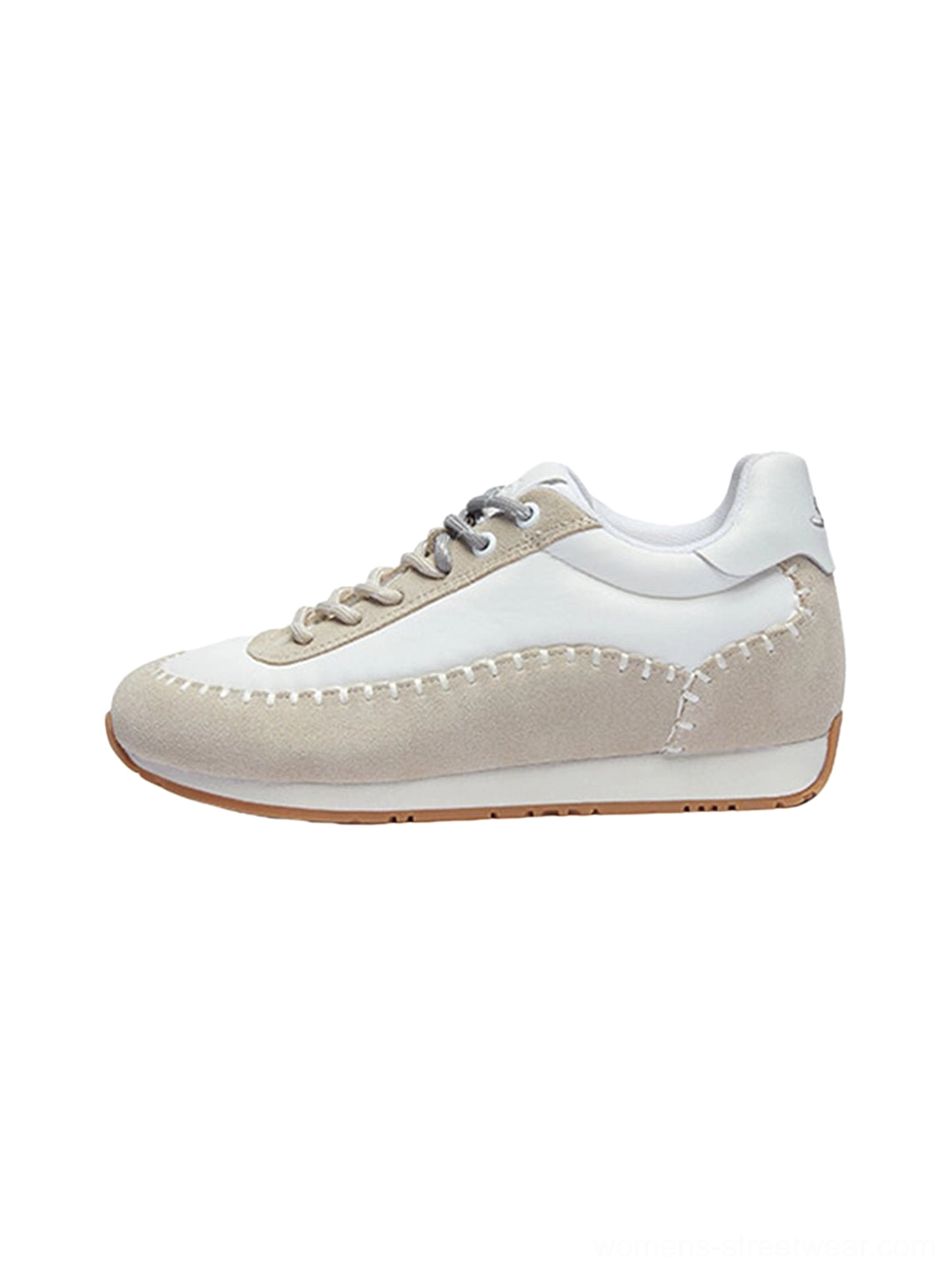 Neutral khaki and off-white contrast-stitch platform sneaker with tonal stitching and light grey laces