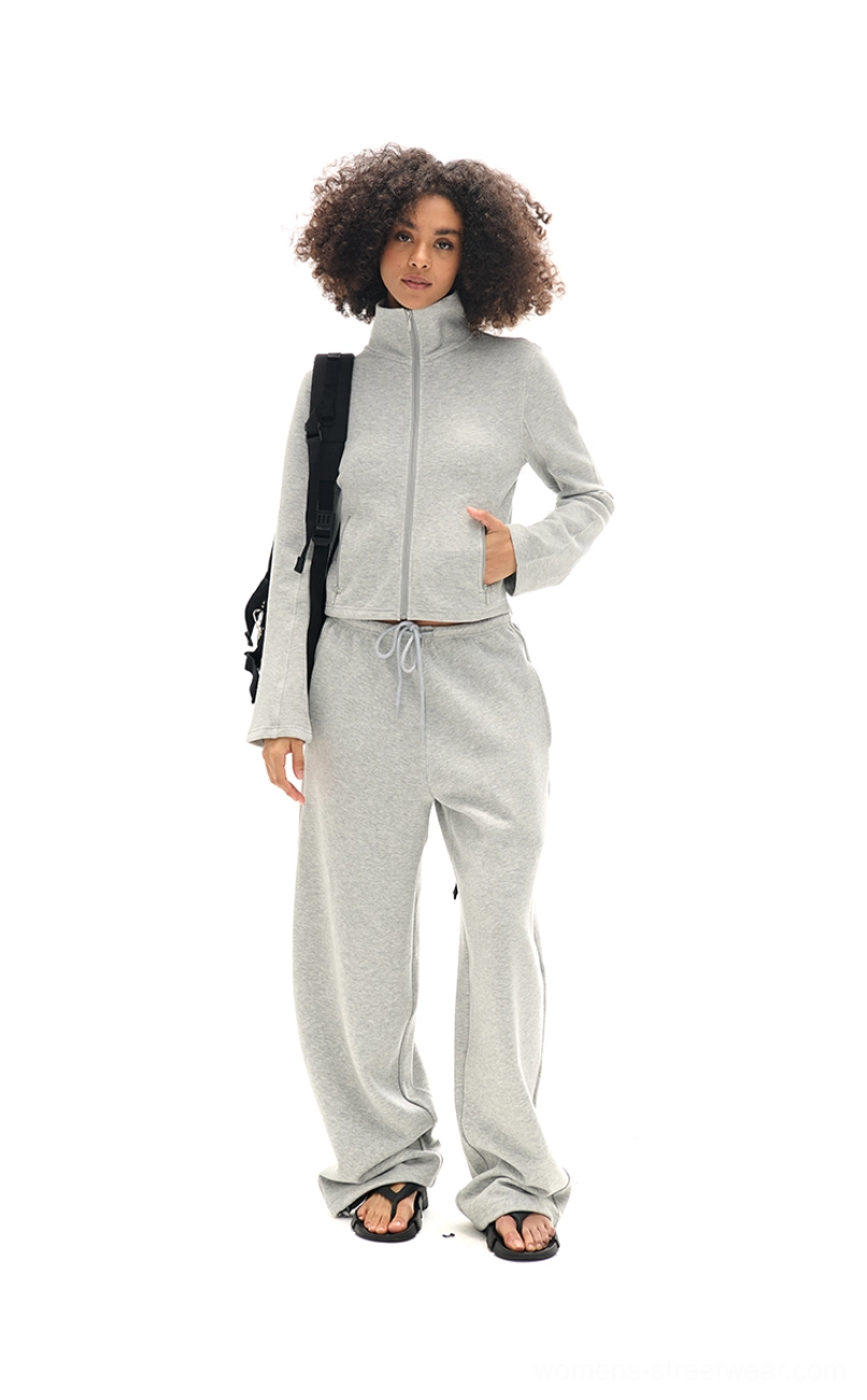 Neutral tone cropped high collar zip-up sweatshirt and wide-leg sweatpants fashion set