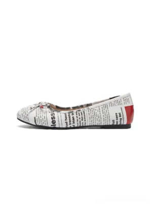 Newspaper print ballet flat shoes for women with square toe crystal bow detail and red low heel on white background