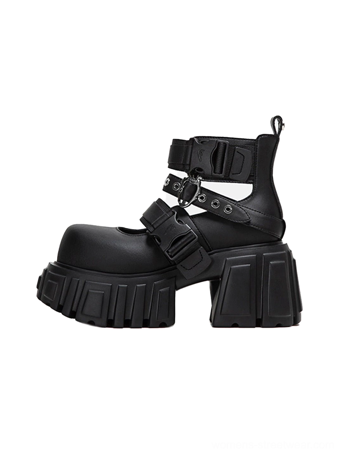 Single black buckled platform ankle boot with chunky lug sole, adjustable straps, matte coated leather upper, and punk goth streetwear styling