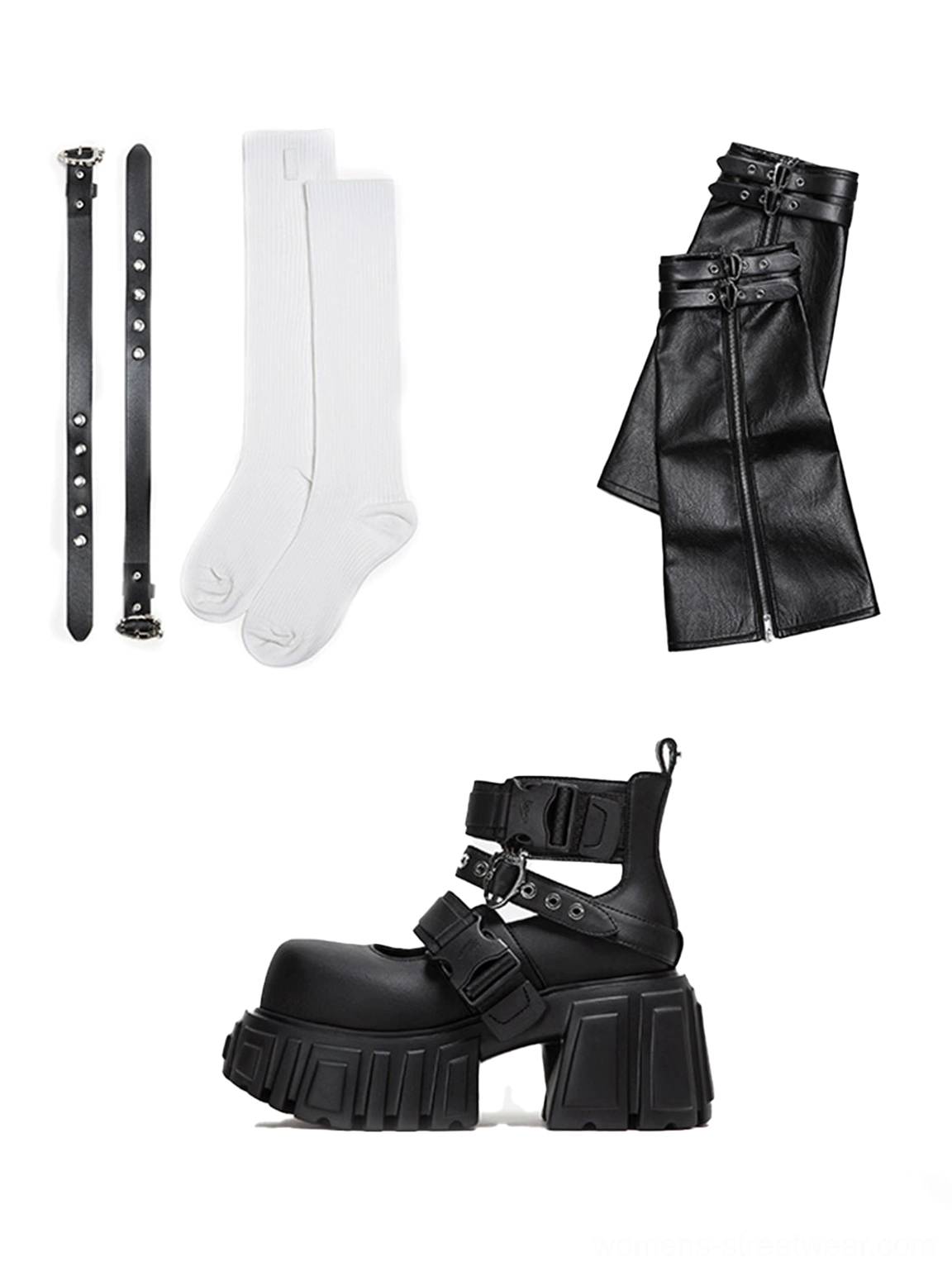 Black modular punk goth boot accessory set with detachable leather shaft, buckle straps, ribbed white socks, and platform ankle boot