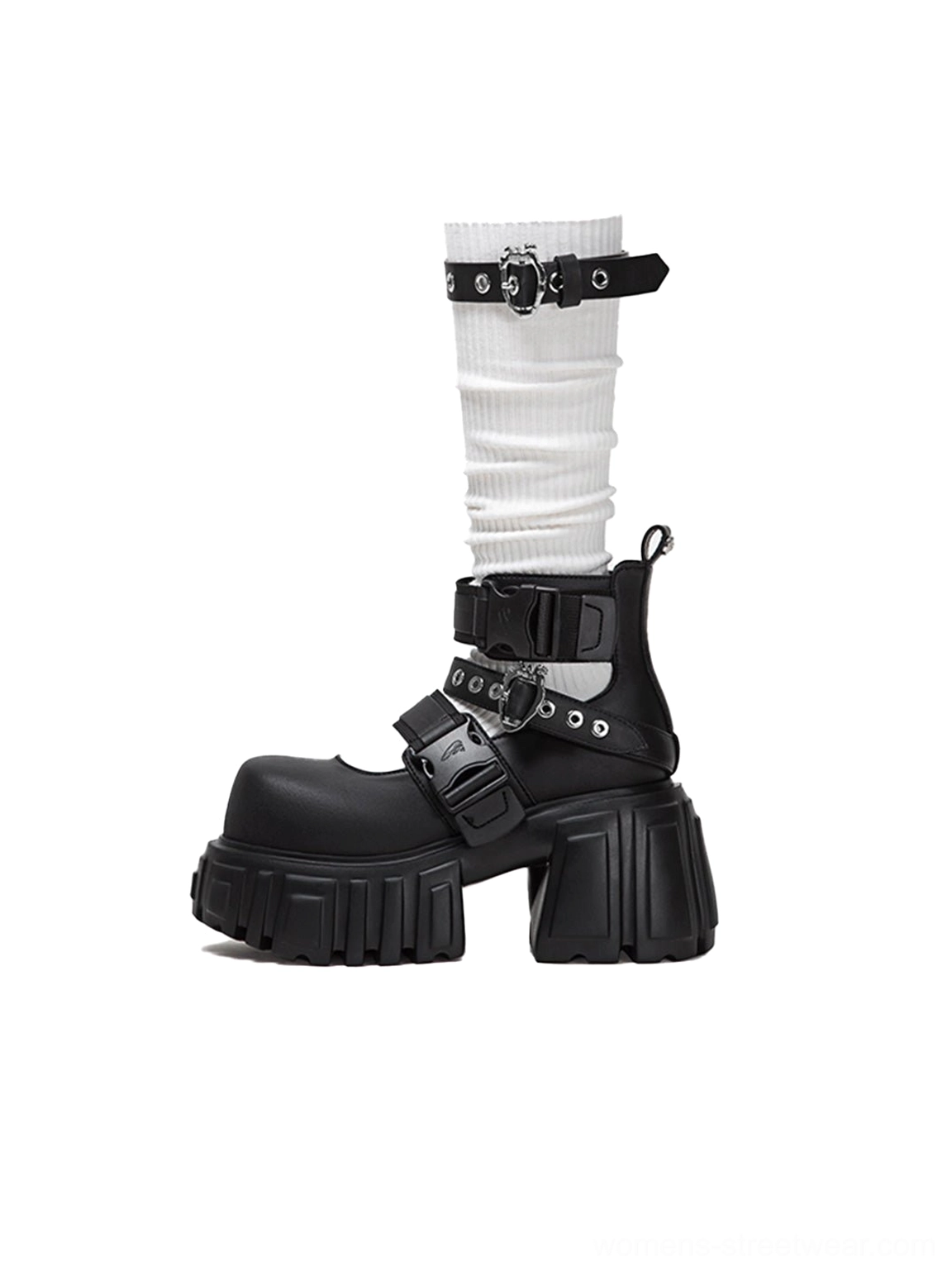 Black buckled platform ankle boot styled with detachable matching ribbed white sock and metal hardware for punk goth fashion