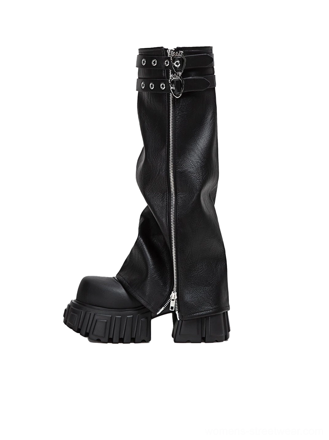 Tall black platform boots with detachable leather leg shaft, front zipper, adjustable buckle strap, and chunky lug heel