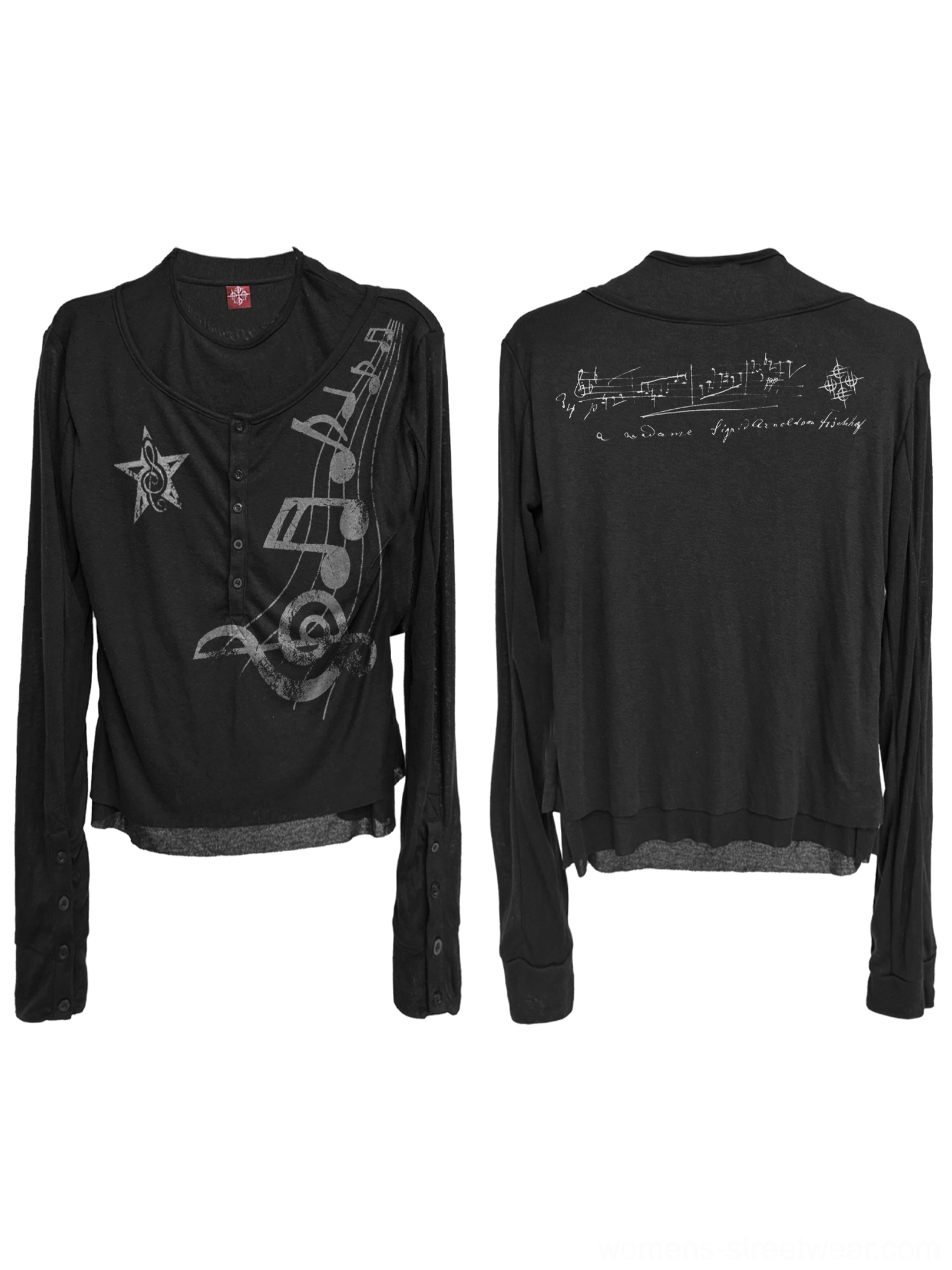 Black nocturne staff star layered goth long sleeve top front and back flat lay with mesh sleeve detail