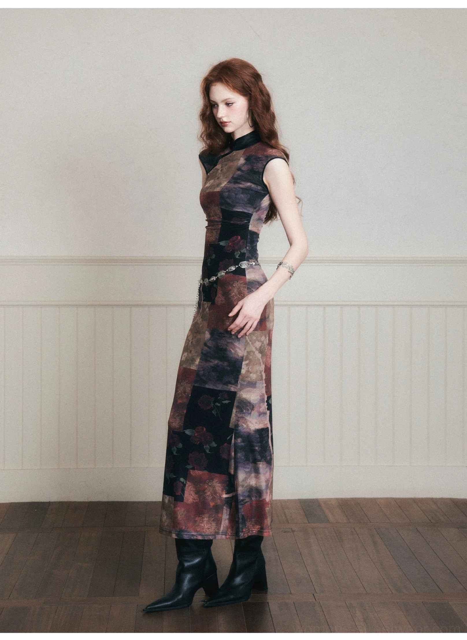 Noir patchwork qipao-inspired stretch mesh maxi dress back view with dark vintage inspired positional print