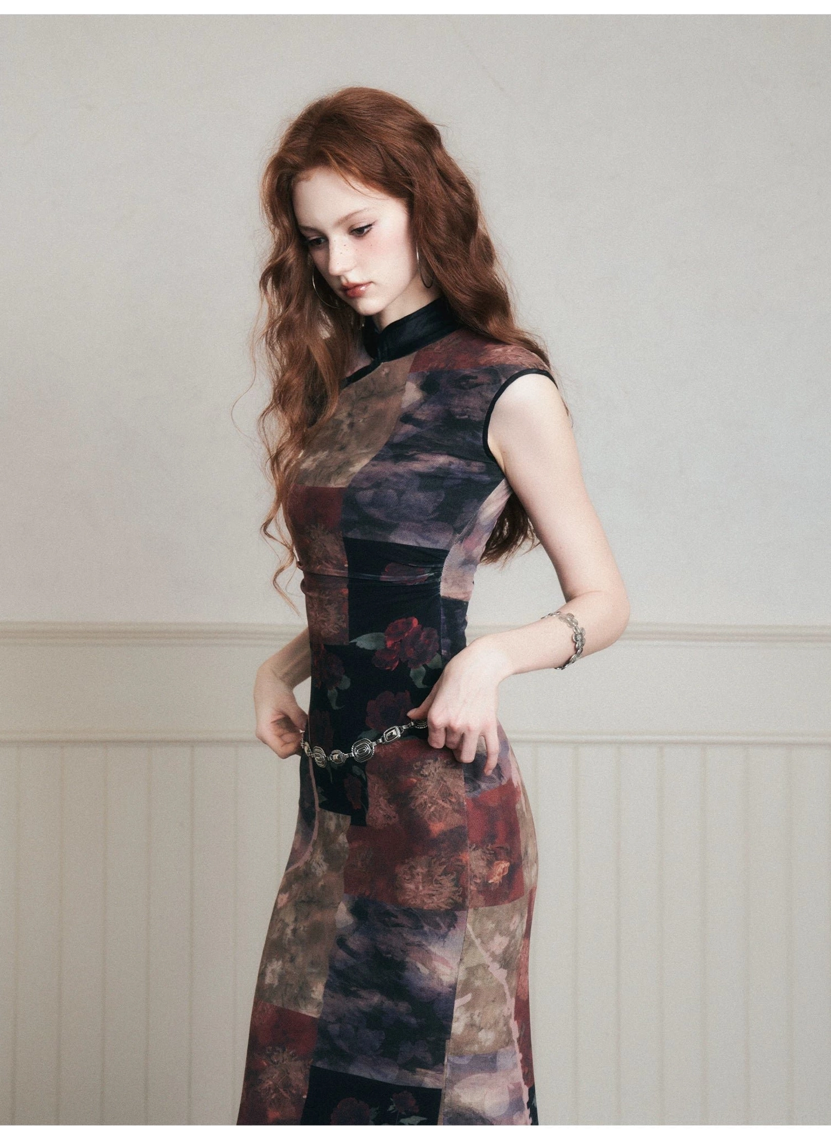 Noir patchwork qipao-inspired stretch mesh maxi dress showing close fit through bust waist hips and straight maxi skirt
