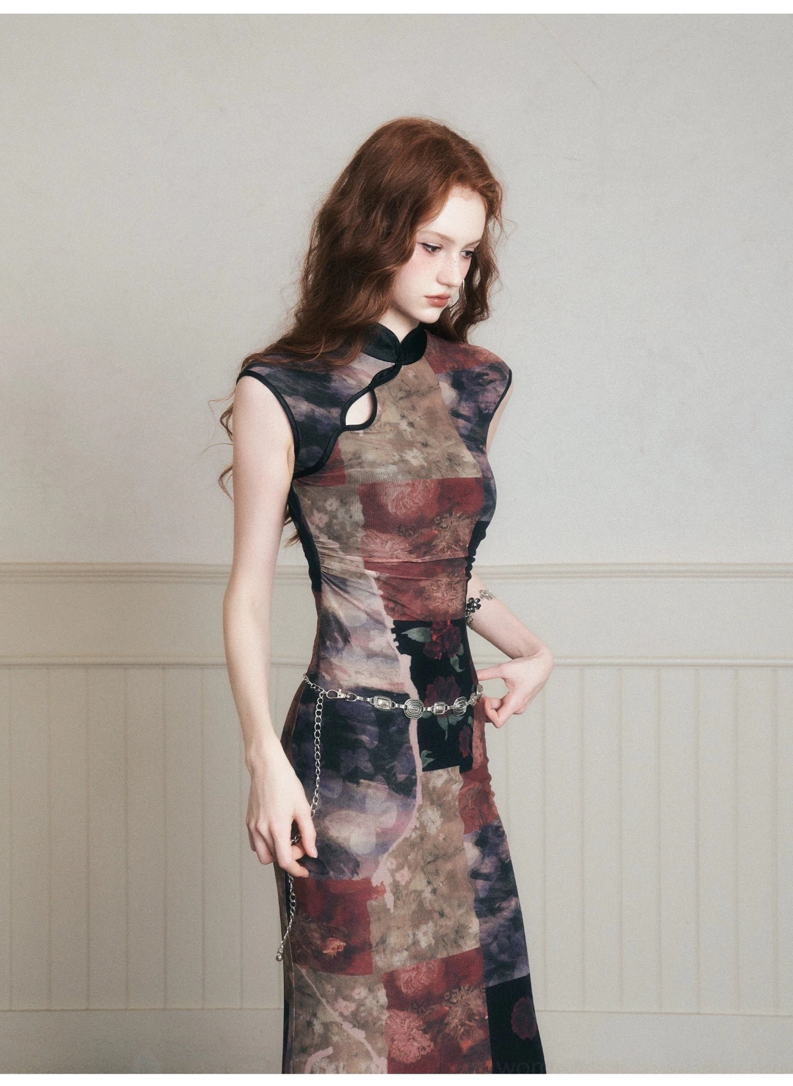 Noir patchwork qipao-inspired stretch mesh maxi dress editorial view with dark floral collage and modern cheongsam style