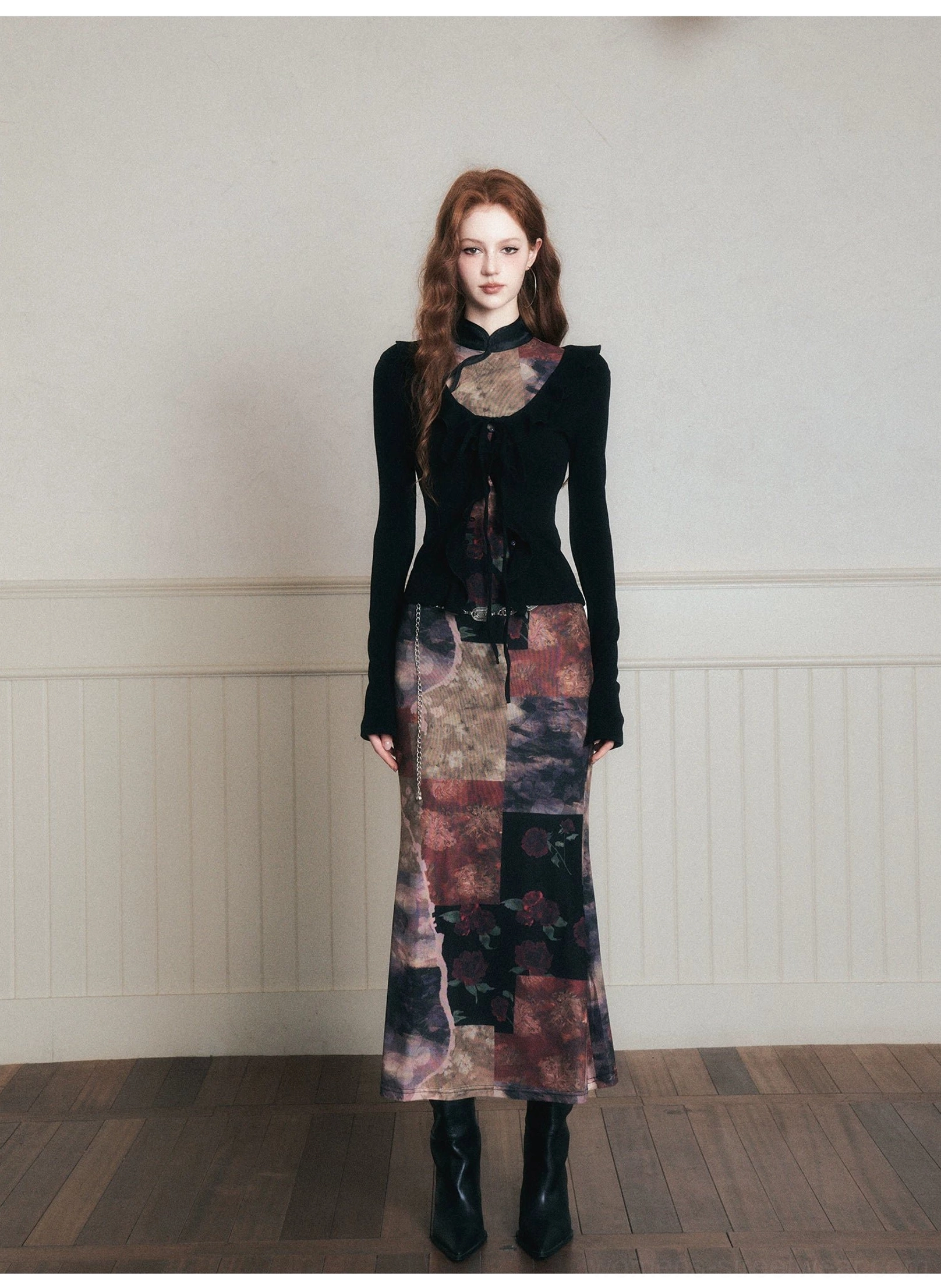 Noir patchwork qipao-inspired stretch mesh maxi dress showing fitted silhouette and dark vintage floral pattern
