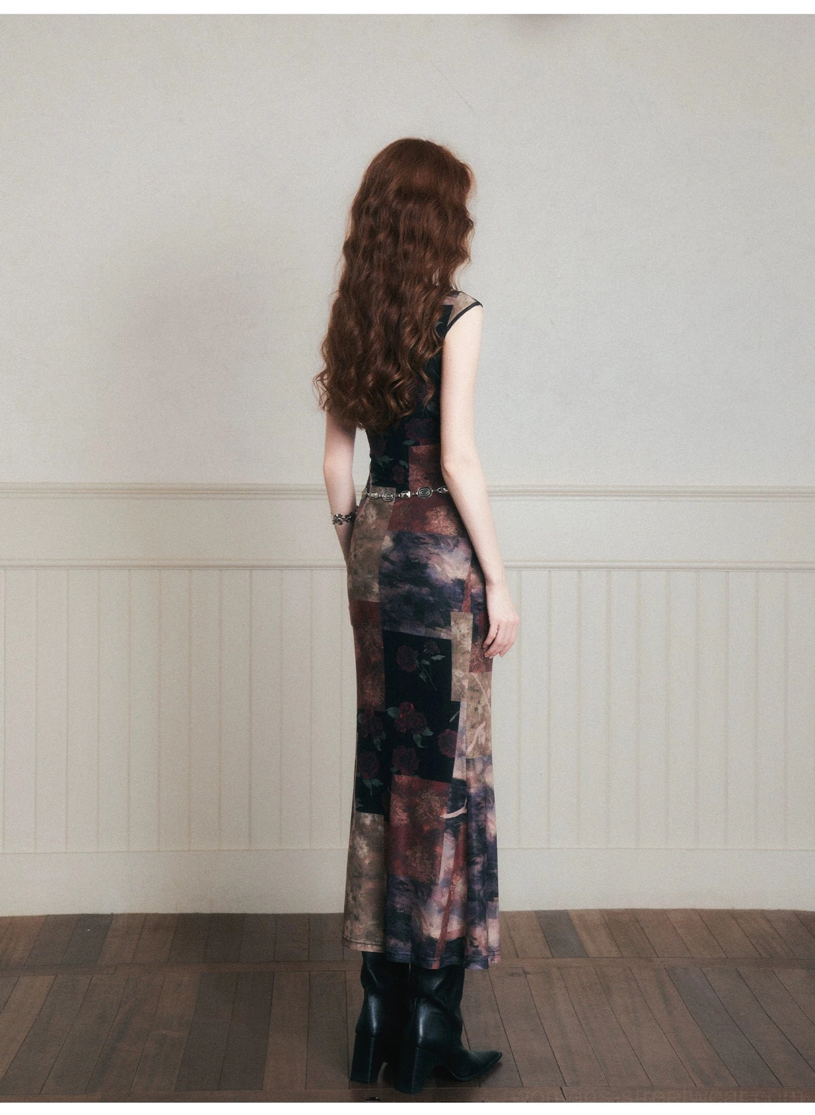 Noir patchwork qipao-inspired stretch mesh maxi dress front detail showing wine tobacco and black floral collage print