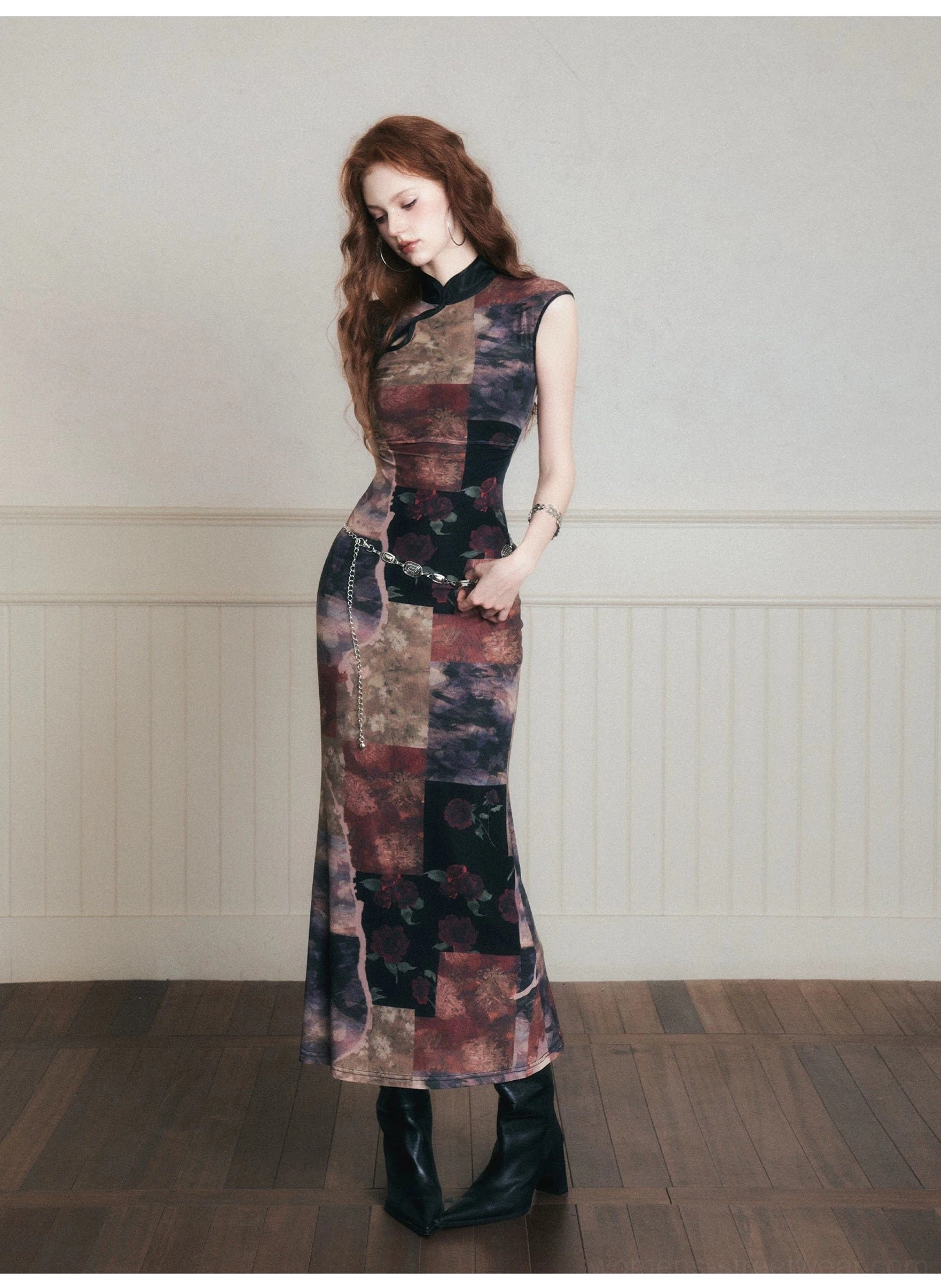 Noir patchwork qipao-inspired stretch mesh maxi dress full-length view for avant-garde evening streetwear styling