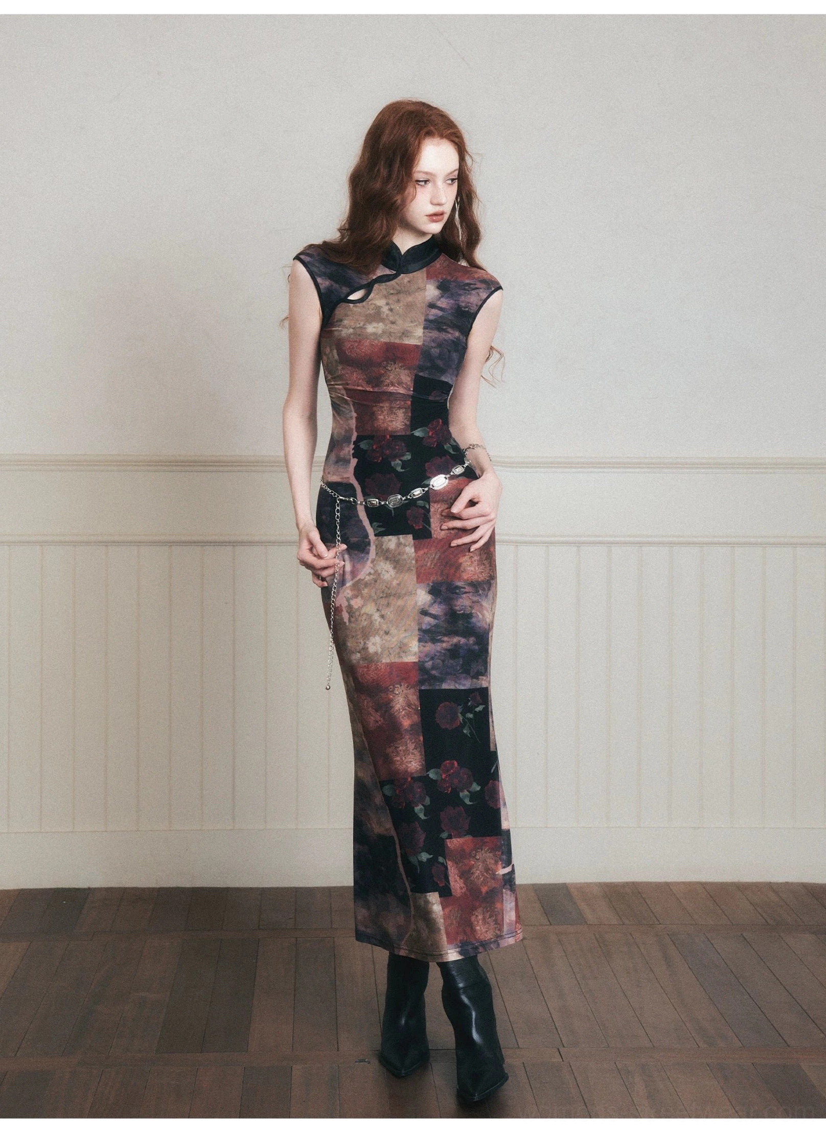 Noir patchwork qipao-inspired stretch mesh maxi dress close-up showing lined mesh fabric and artistic floral panels