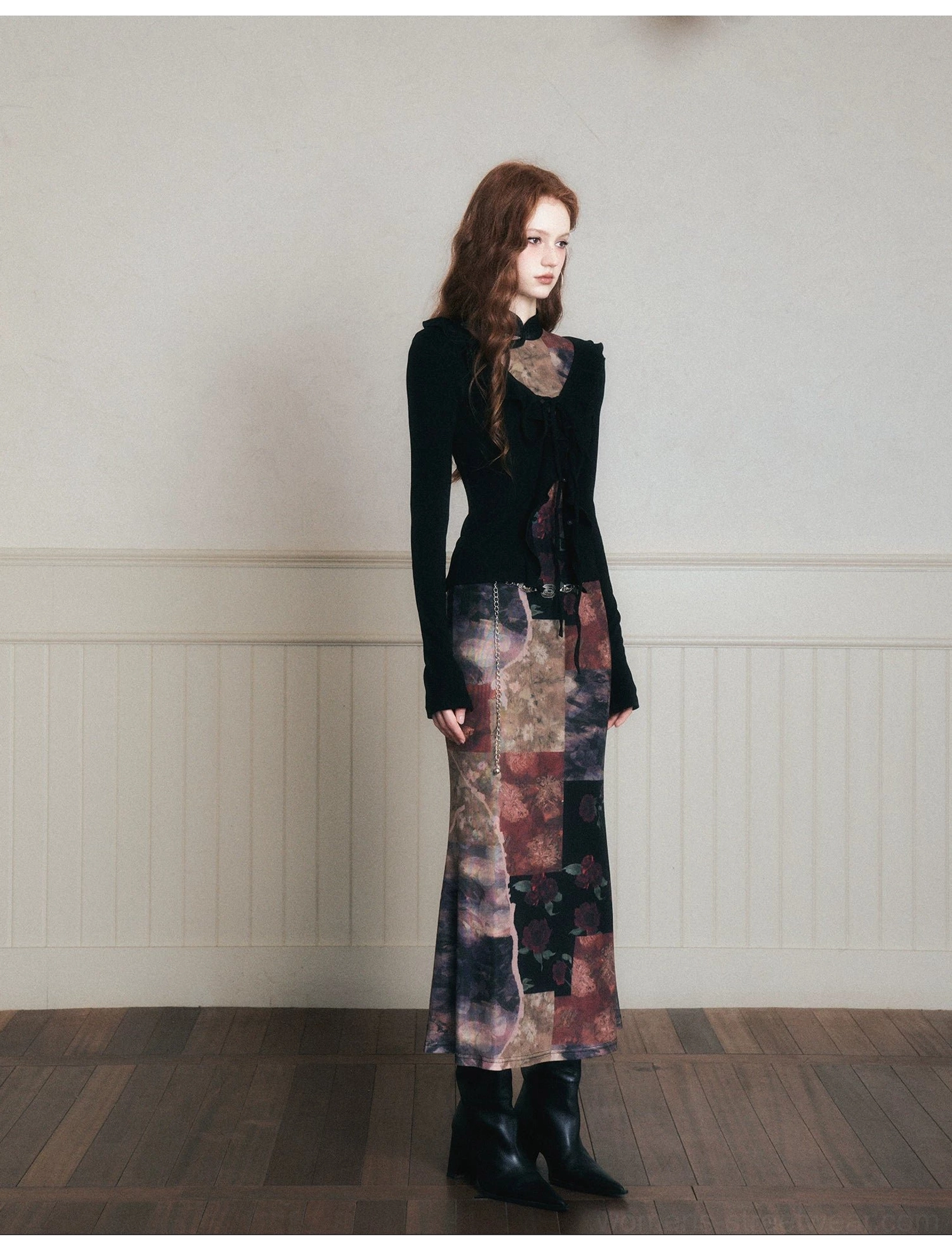 Noir patchwork qipao-inspired stretch mesh maxi dress product detail and positional floral print view
