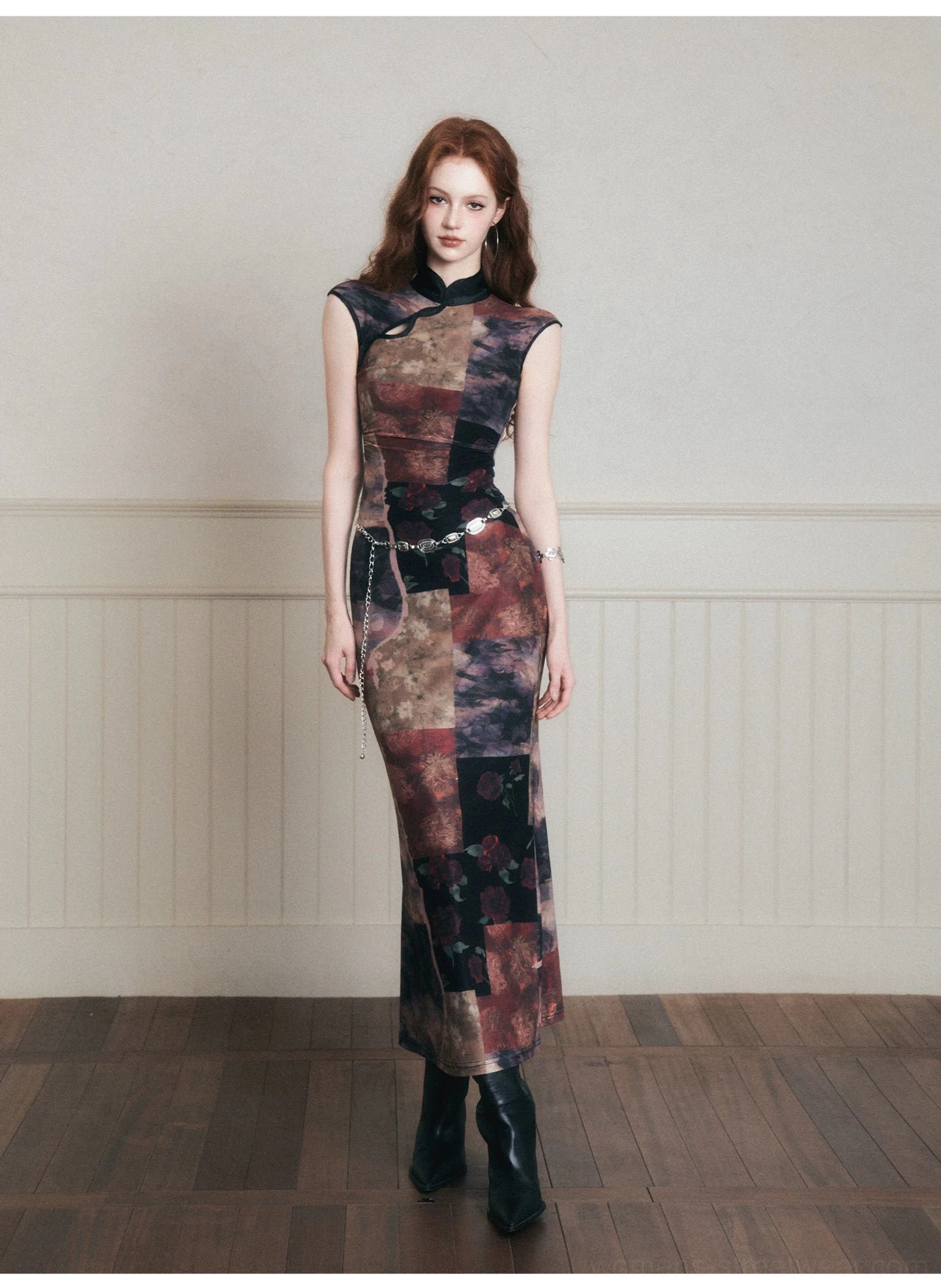 Noir patchwork qipao-inspired stretch mesh maxi dress side profile showing sleeveless bodycon fit and long hem