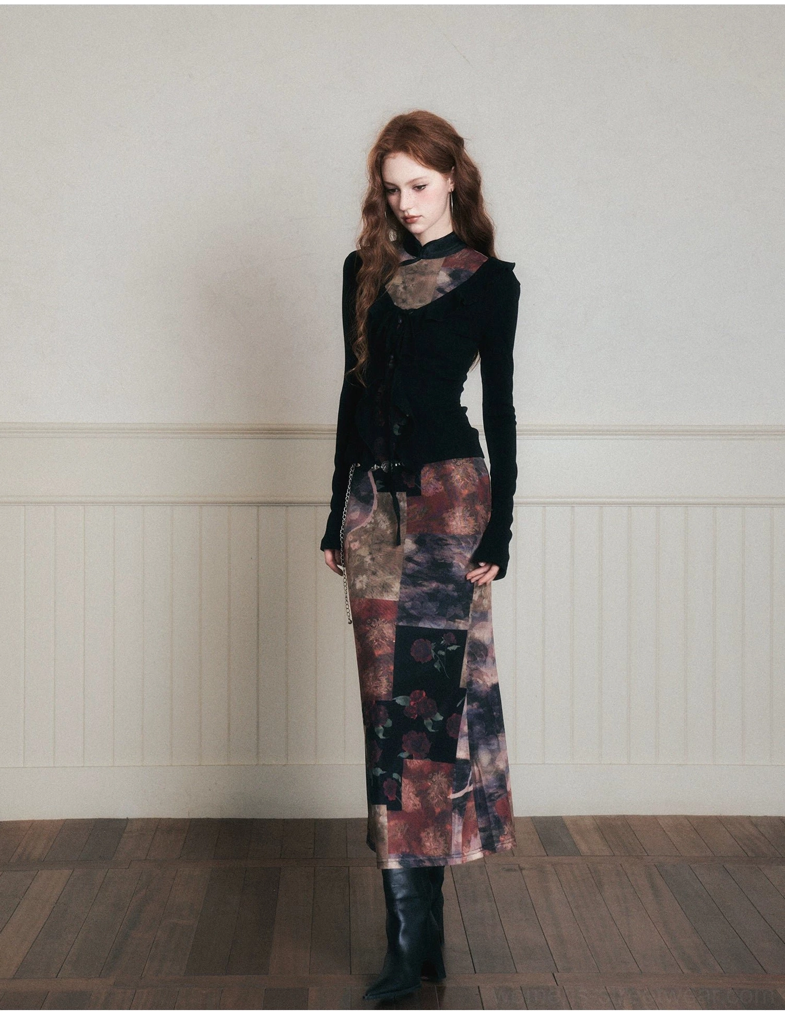 Back and side styling reference of fitted black velvet top with floor-length vintage patchwork skirt