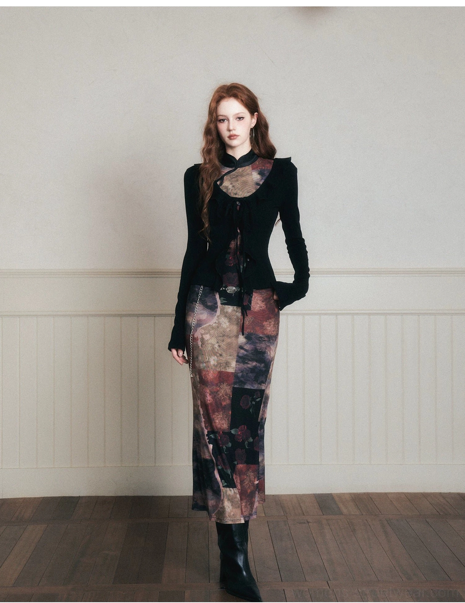 Noir fashion styling reference with stand collar velvet top black boots and dark floral patchwork maxi skirt