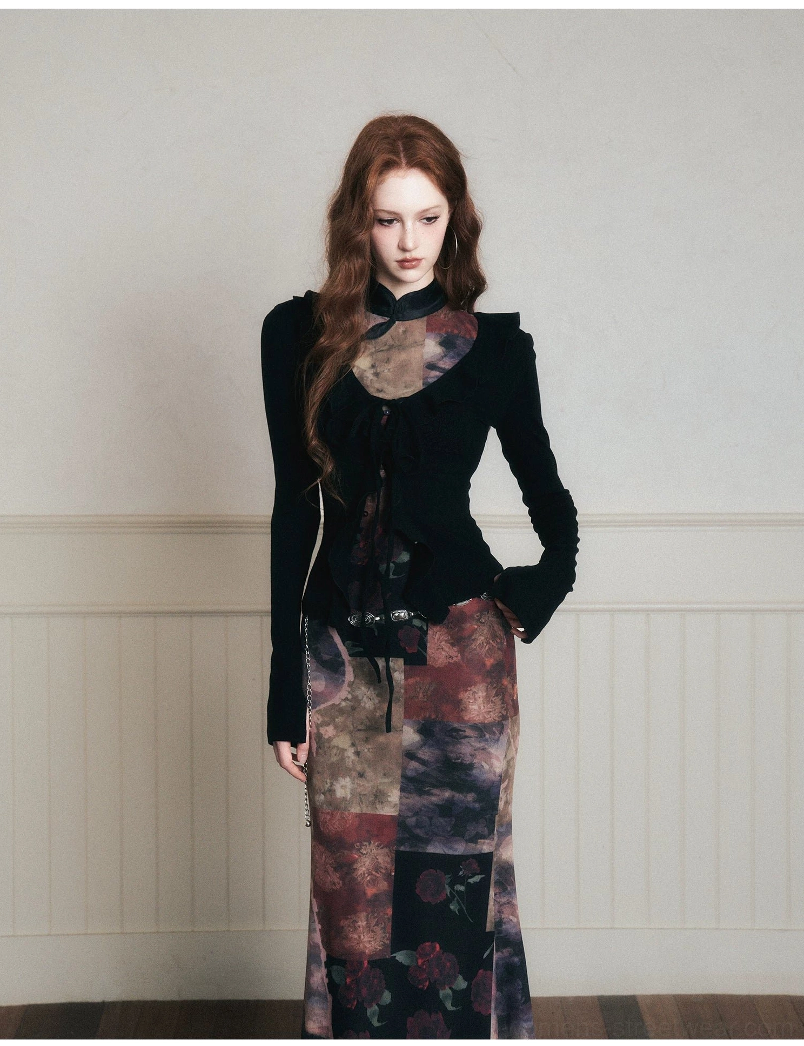 Side styling reference featuring dark velvet and vintage floral patchwork maxi skirt with noir streetwear attitude