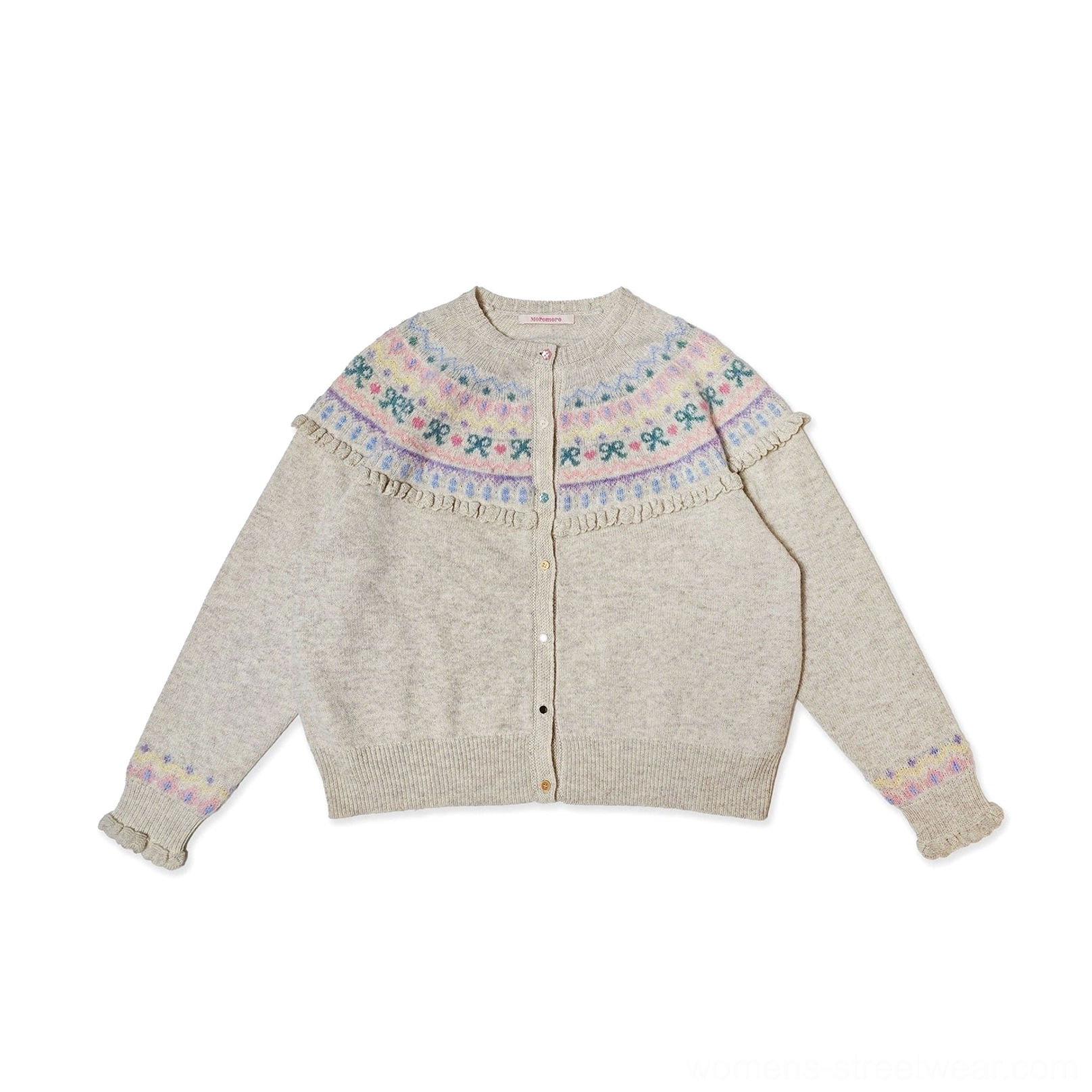 Oatmeal beige cropped Fair Isle fringe cardigan with pastel patterned yoke, shoulder fringe, and ruffled cuffs