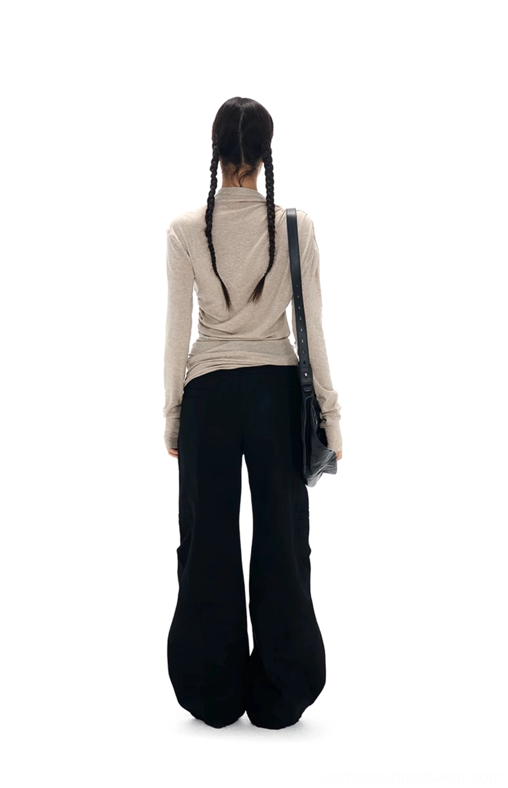 Oatmeal fitted mock neck long sleeve knit top back view with clean streamlined silhouette and soft knit texture