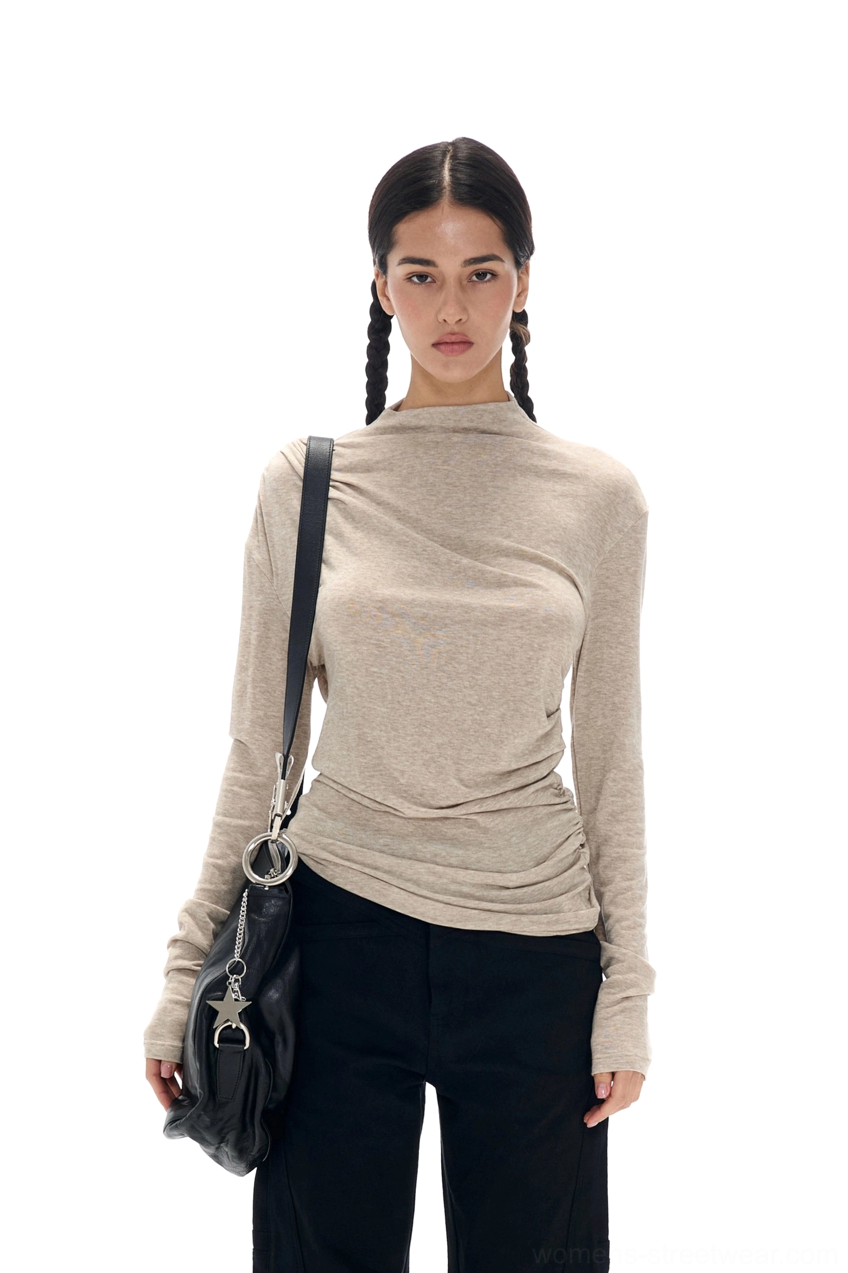 Oatmeal ruched mock neck Tencel wool knit long sleeve top with gathered side hem and fitted silhouette