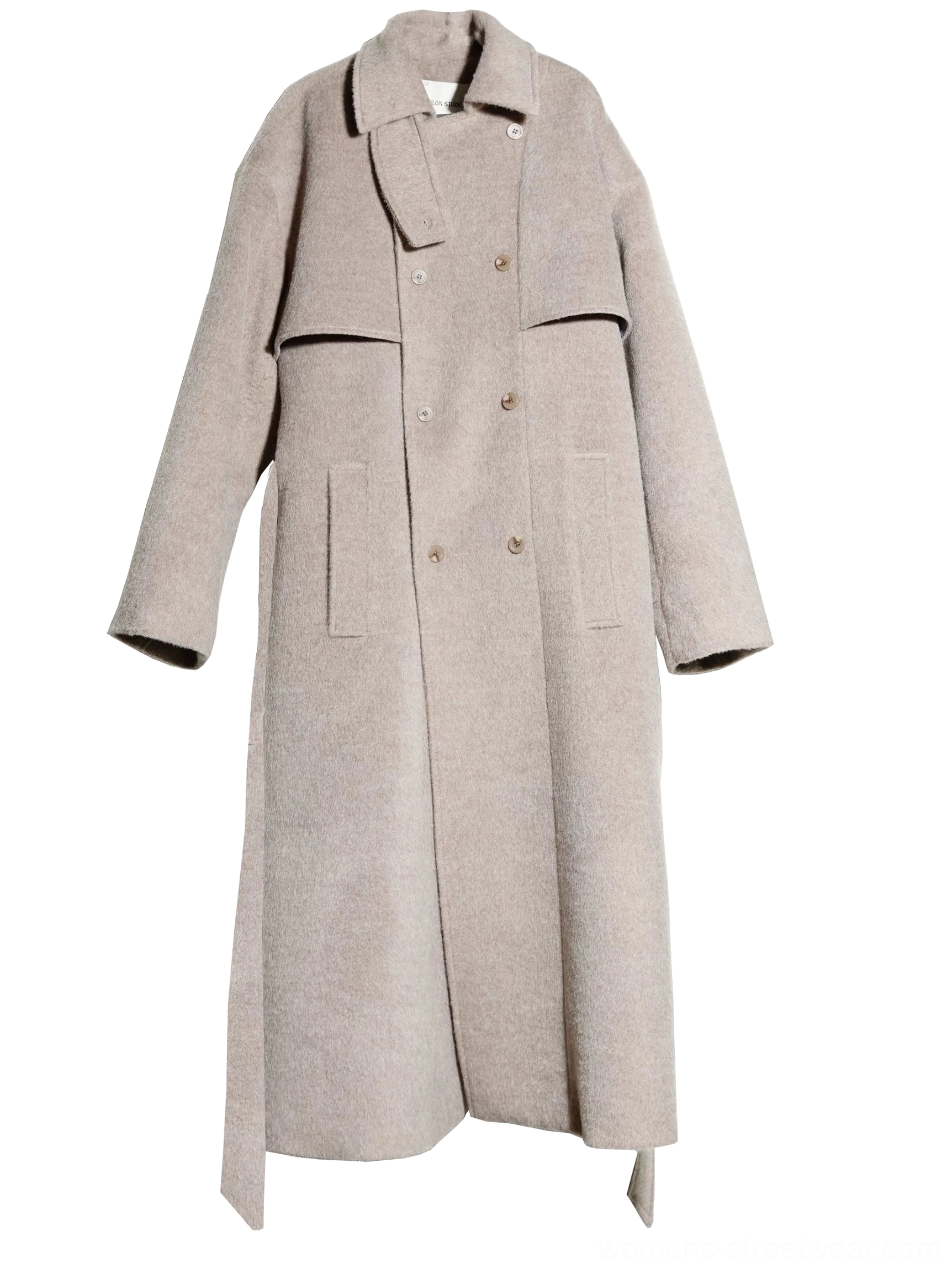 Oatmeal wool blend trench coat product view showing notched lapels double button rows patch pockets and waist belt