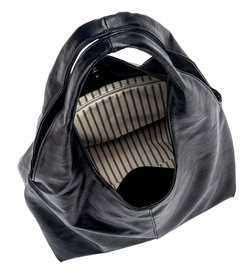 Obsidian glossy slouch hobo tote bag in black faux leather for minimalist streetwear styling