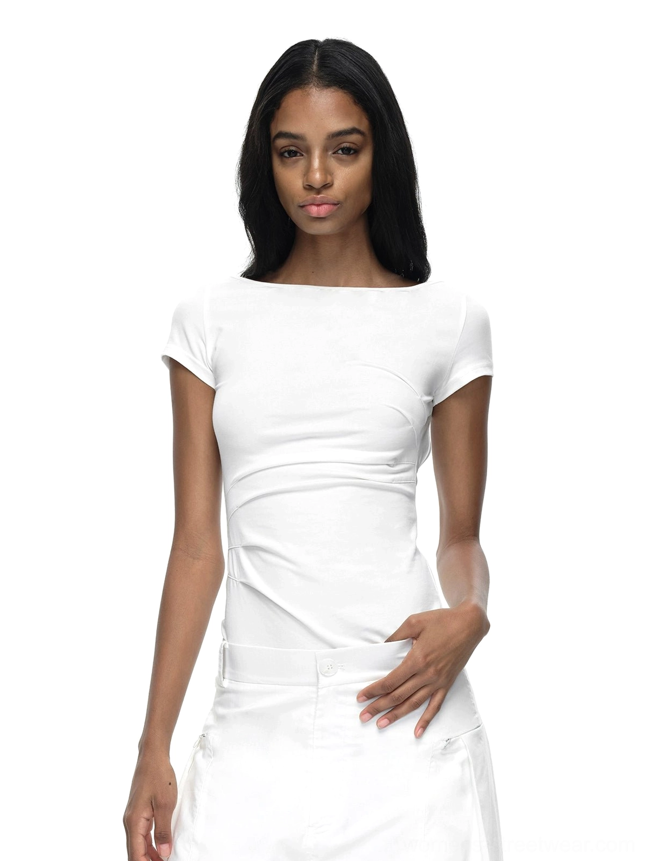 White off-shoulder backless fitted streetwear T-shirt styled with white wide-leg trousers in a front studio view