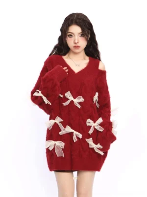 Wine red oversized off-shoulder cable knit sweater dress with soft fuzzy texture and delicate white bow embellishments