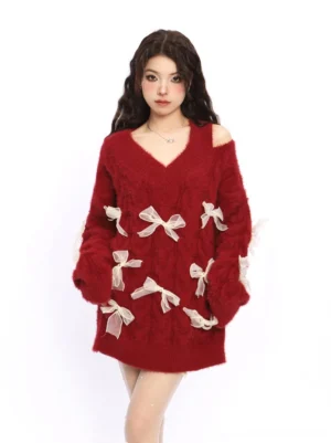 Wine red off-shoulder bow fuzzy knit sweater dress front view with deep V neckline and sheer white bow details