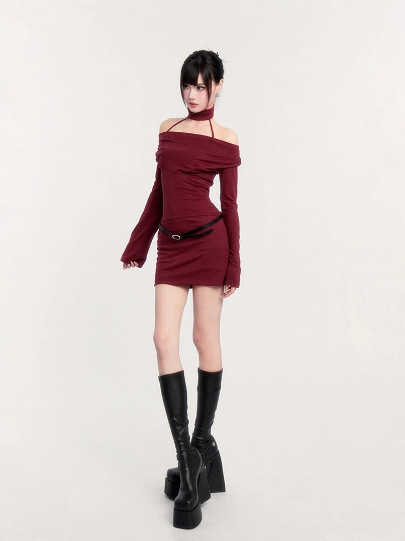 Modern off-shoulder choker bodycon mini dress with long flared sleeves and edgy streetwear styling
