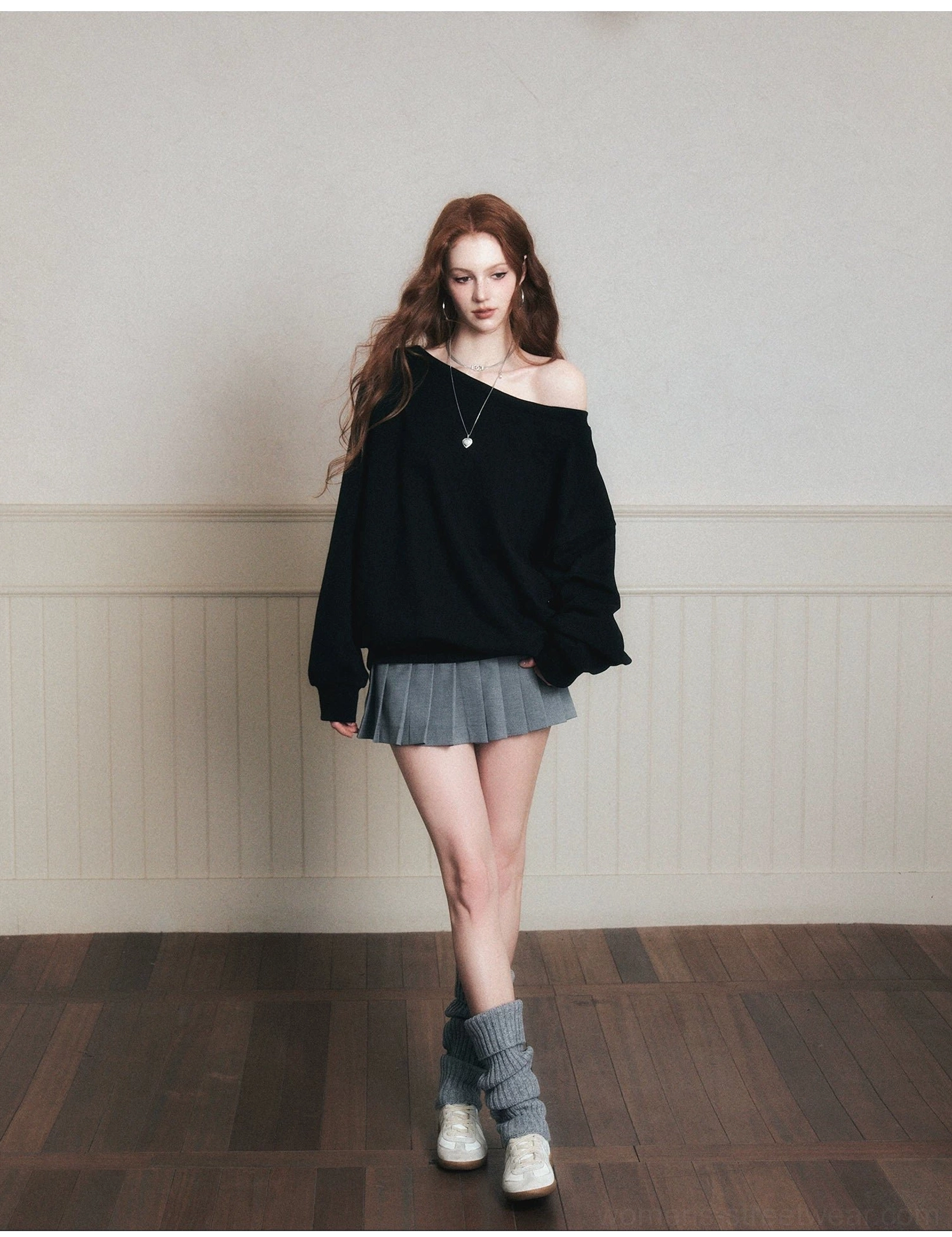 Black off-shoulder oversized sweatshirt full body Korean campus streetwear outfit