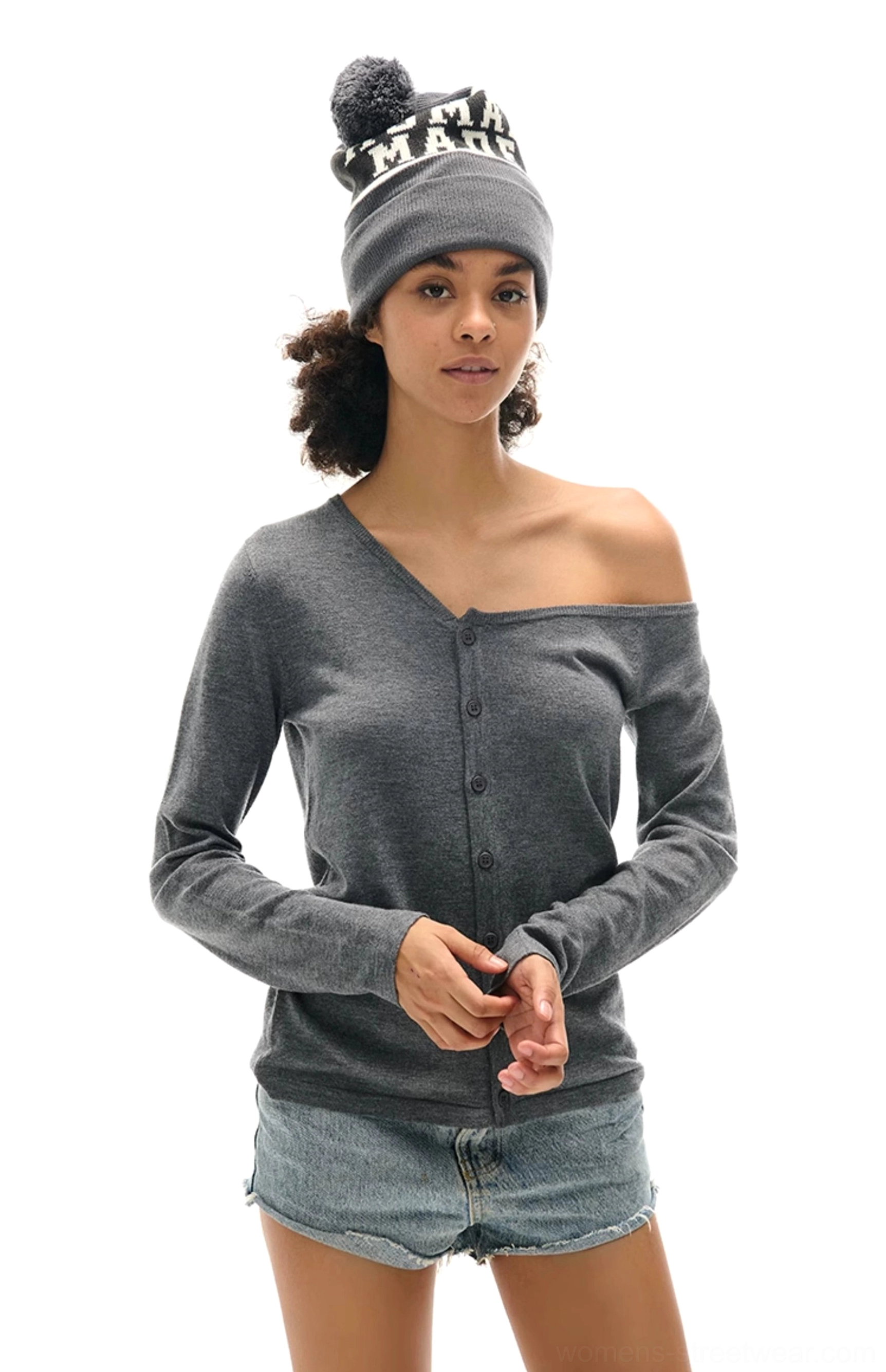 Off-shoulder ribbed knit cardigan with asymmetrical neckline for Y2K and Seoul street style outfits