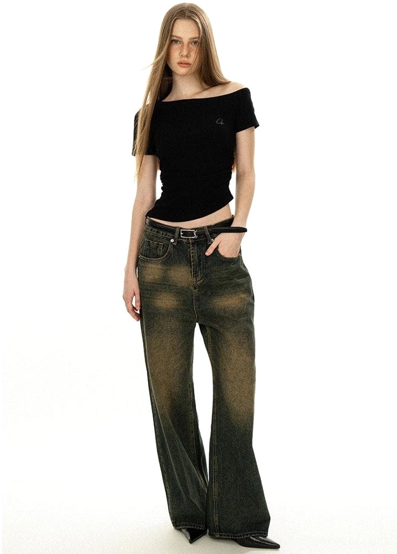 Off-shoulder tee seasonal styling autumn layering dark grey minimalist piece with denim jacket and vintage accessories
