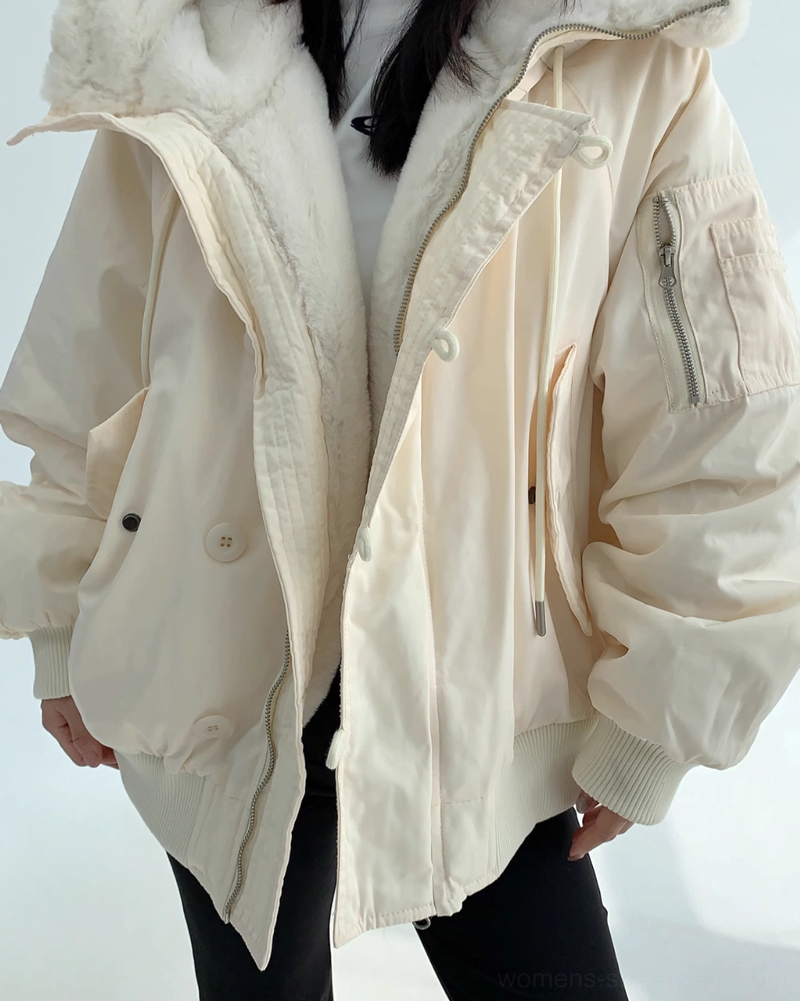 Cozy off-white oversized bomber jacket with faux-shearling hood and contemporary Acubi-inspired streetwear proportions