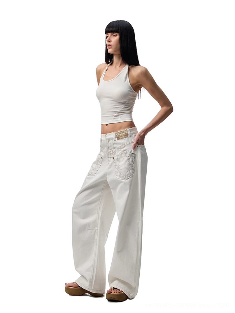 Side view of off-white arc-leg wide-leg jeans with embroidered back pocket details and a relaxed contemporary fashion silhouette