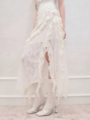 Off White asymmetrical ruffled lace midi skirt with layered frills high side split and flowing feminine silhouette