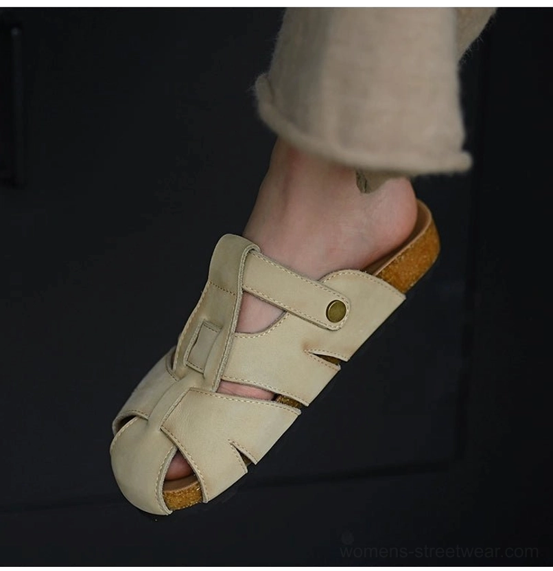 Off-white beige fisherman sandals designed with structured cutout leather straps, gold-tone buckle closure, cushioned footbed, and casual streetwear styling