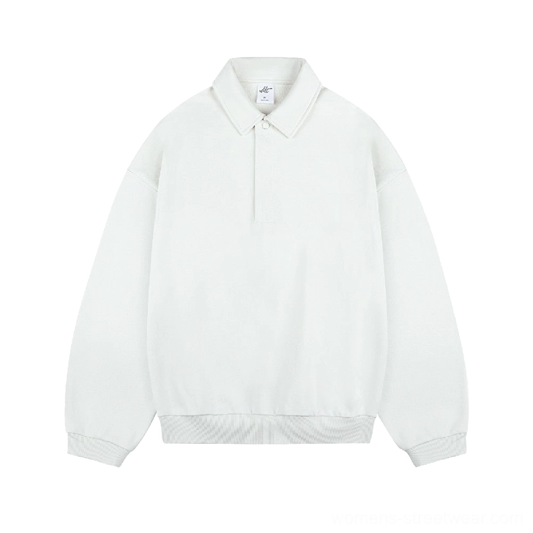 Off-white cream oversized long sleeve polo sweater with soft fabric, ribbed hem, and relaxed drop shoulder Korean fashion design