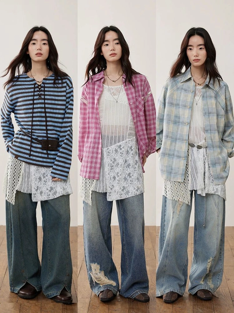 Off-white crochet lace cami top styled with striped tees, plaid layers, distressed wide-leg jeans, and contemporary East Asian streetwear details