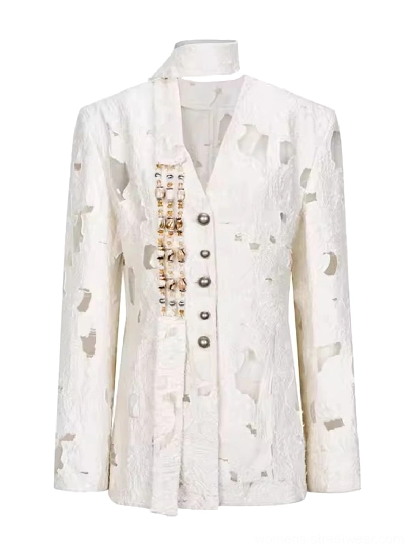 Beige off-white distressed cutout blazer for women main product view with relaxed tailored fit